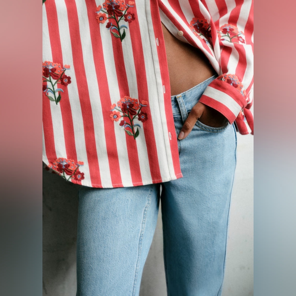 Sezane MAXY ROSE ๐น Embroidered Flowers on Red And White Stripes Size 34 - Picture 2 of 11